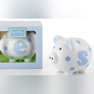 Mud Pie "S" Initial Baby Boy Blue Ceramic Polka Dot Piggy Bank